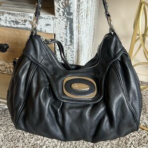 B. Makowsky Black Leather Shoulder Bag with Metal Accent